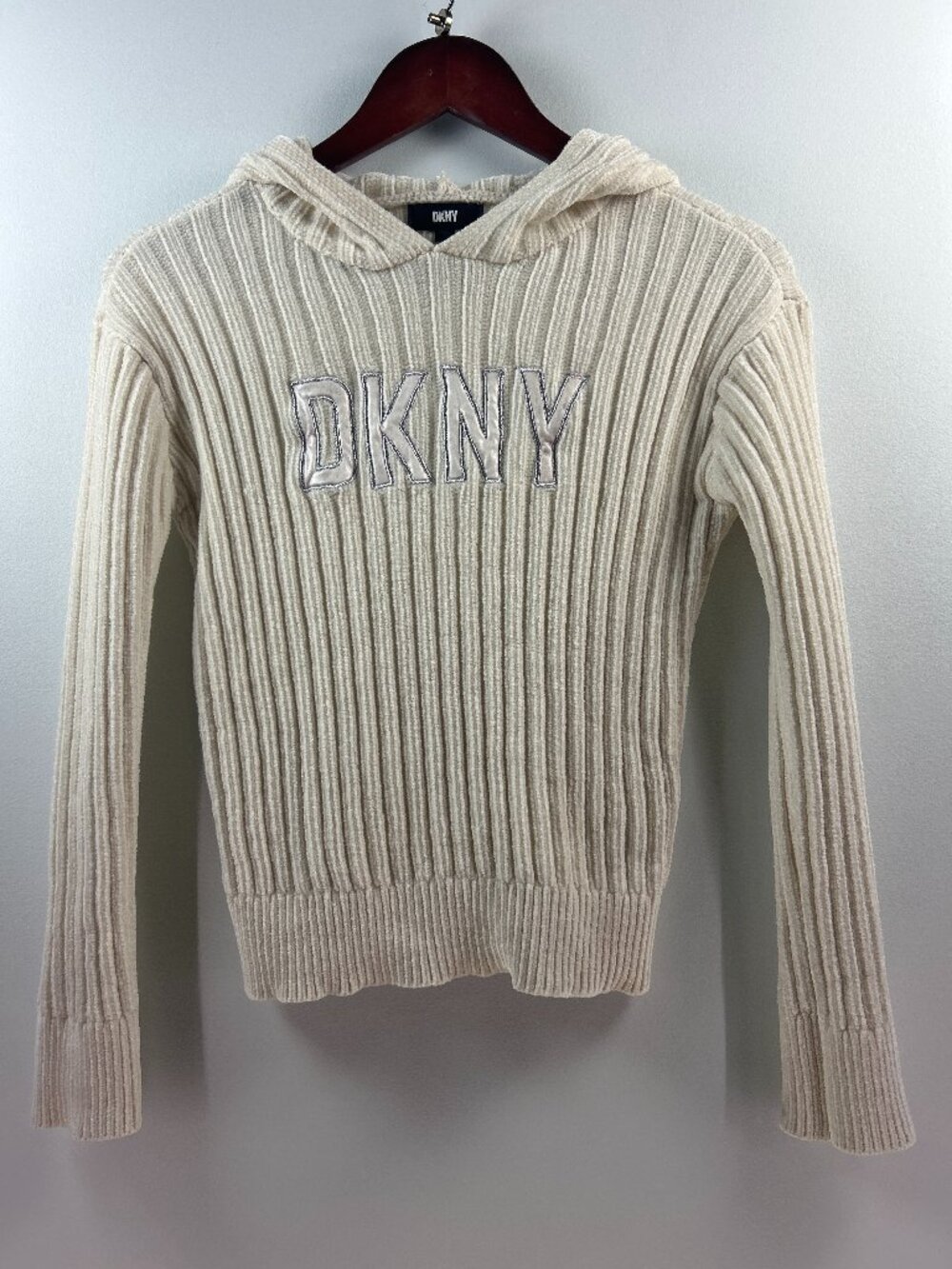 DKNY Cream Ribbed Chenille Logo Sweater Size Girls L